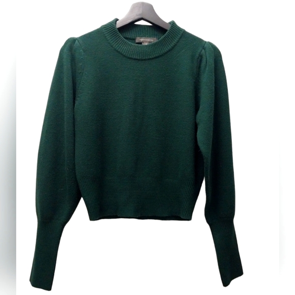 French connection Mock Neck Smocked Puff Sleeve cropped Top sz XS in Dark Green - Picture 1 of 9
